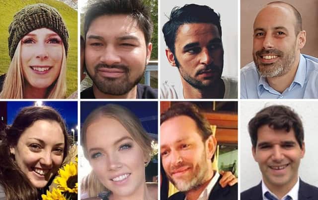 Victims of the London Bridge terrorist attack (top row left to right) Christine Archibald, James McMullan, Alexandre Pigeard, Sebastien Belanger, (bottom row left to right) Kirsty Boden, Sara Zelenak, Xavier Thomas and Ignacio Echeverria as an inquest into their deaths is ongoing at the Old Bailey, London.
