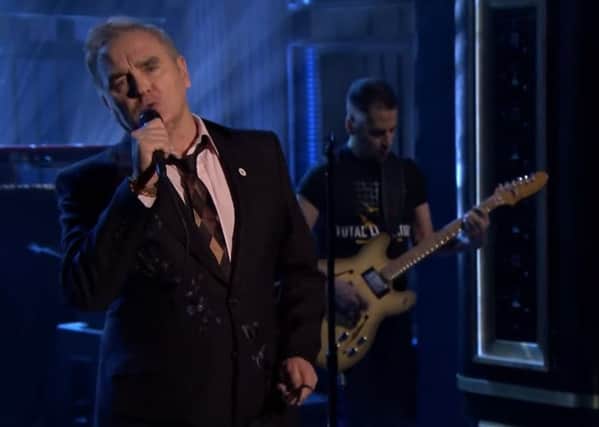 Morrissey performs on the Jimmy Fallon show sporting the For Britain logo