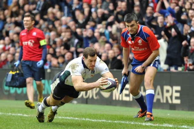 Tim Visser dives over to score for Scotland against France in 2016. Picture Ian Rutherford