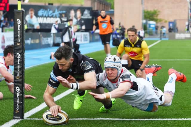 Tommy Seymour dives over in the corner to score Glasgow's opening try inside three minutes. Picture: Bill Murray/SNS
