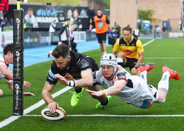 Tommy Seymour dives over in the corner to score Glasgow's opening try inside three minutes. Picture: Bill Murray/SNS