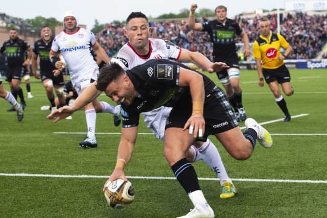 Ali Price scores one of Glasgows seven tries in the defeat of Ulster at Scotstoun on Friday night.
Photograph: Gary Hutchison/SNS/SRU
