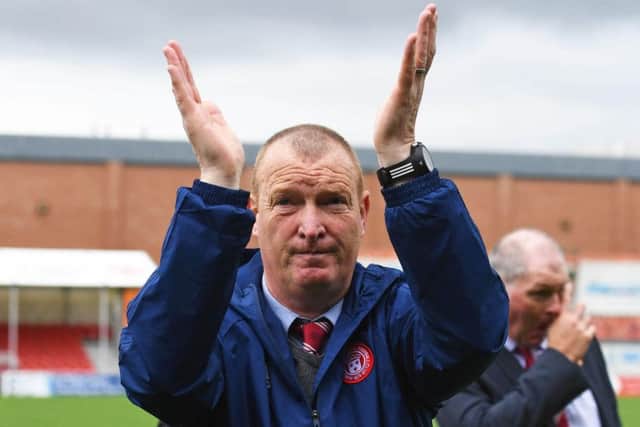 Hamilton manager Brian Rice celebrates at full-time yesterday. Pic: SNS