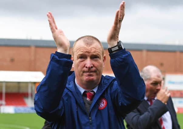 Hamilton manager Brian Rice celebrates at full-time yesterday. Pic: SNS