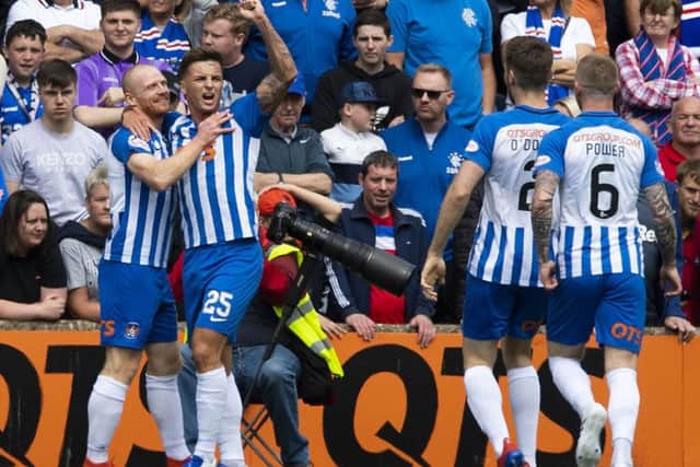Kilmarnock goalscorers Chris Burke and Eamonn Brophy celebrate. Pic: SNS/Paul Devlin