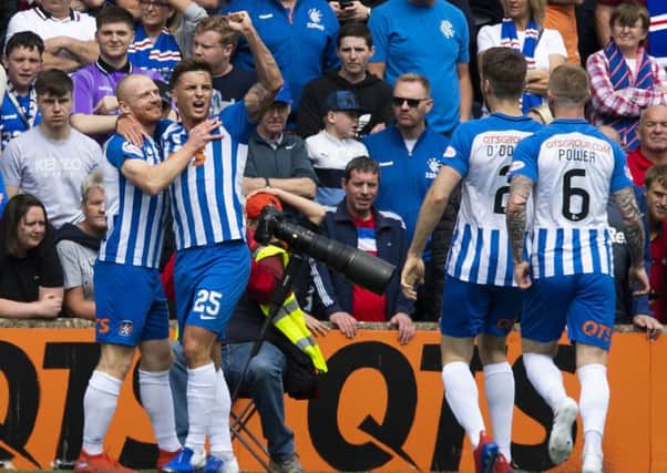Kilmarnock goalscorers Chris Burke and Eamonn Brophy celebrate. Pic: SNS/Paul Devlin