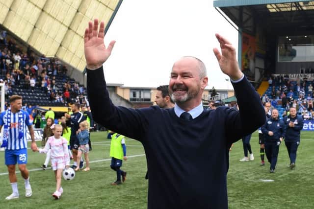 Kilmarnock manager Steve Clarke celebrates at full-time. Pic: SNS/Paul Devlin