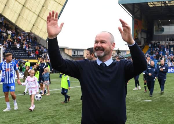 Kilmarnock manager Steve Clarke celebrates at full-time. Pic: SNS/Paul Devlin