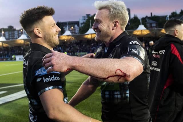 Ali Price, left, and Stuart Hogg enjoy the moment following Glasgows victory over Ulster. Picture: SNS/SRU.