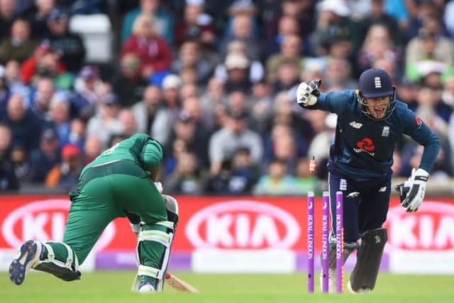 Jos Buttler stumps Pakistan's Sarfaraz Ahmed for 97. Picture: Nathan Stirk/Getty