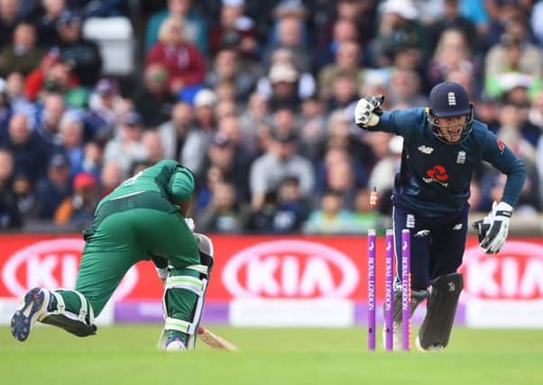Jos Buttler stumps Pakistan's Sarfaraz Ahmed for 97. Picture: Nathan Stirk/Getty