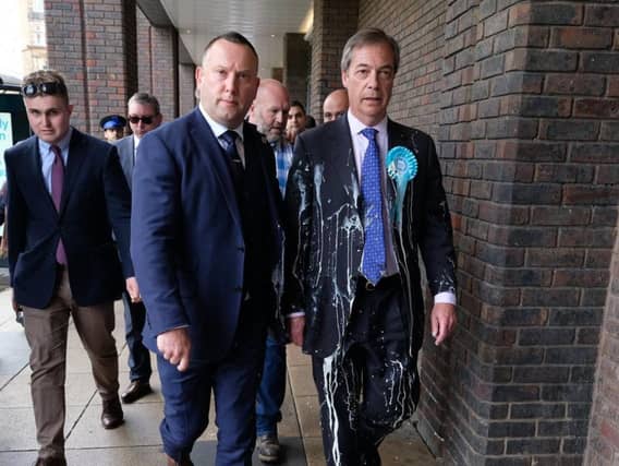 Nigel Farage had a milkshake thrown at him while in Newcastle. Picture: Getty