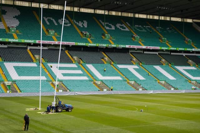 20/05/19
CELTIC PARK - GLASGOW
A general view of Celtic Park, as the rugby goalposts are erected ahead of Saturday's Guinness Pro14 Final between Glasgow Warriors and Leinster