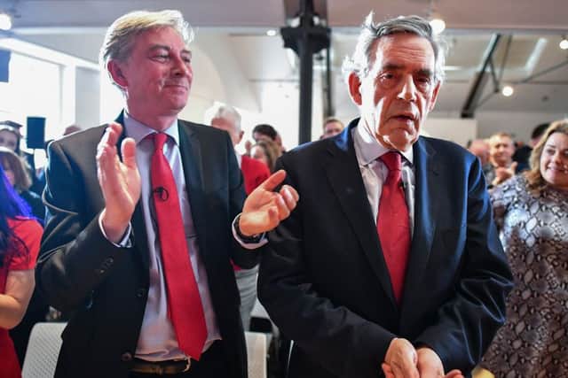 Scottish Labour leader Richard Leonard and former prime minister Gordon Brown with party members and candidates for the European elections at a rally in Glasgow. Picture: PA