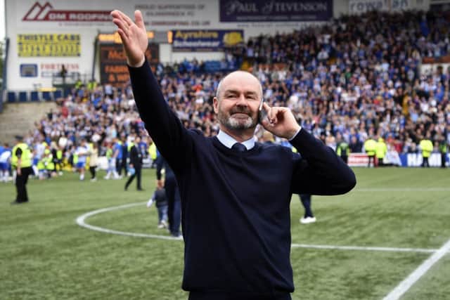 Steve Clarke bids farewell to the Kilmarnock fans after the win over Rangers secured third place. Picture: SNS