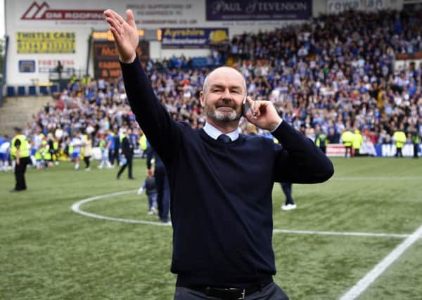 Steve Clarke bids farewell to the Kilmarnock fans after the win over Rangers secured third place. Picture: SNS