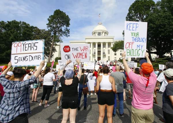 A demonstration in Montgomery came days after governor Kay Ivey signed the most stringent abortion law in America. Picture: AP