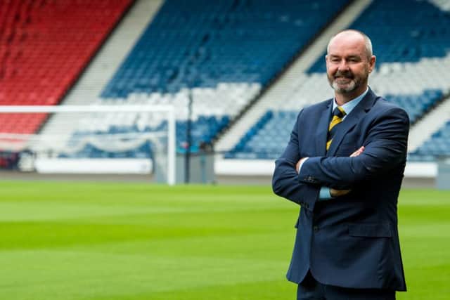 Steve Clarke stands on the Hampden turf at his unveiling as Scotland manager. Picture: SNS.