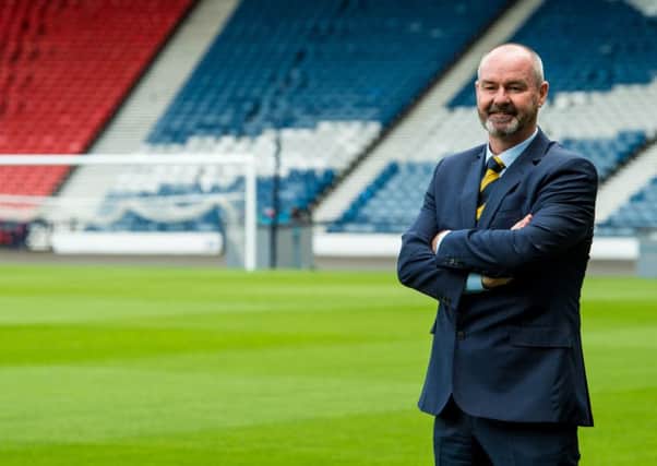 Steve Clarke stands on the Hampden turf at his unveiling as Scotland manager. Picture: SNS.