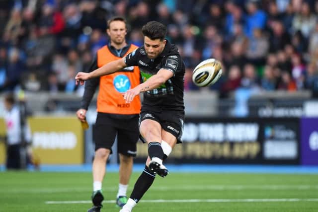 Adam Hastings, converting Glasgows third try in their semi-final victory over Ulster, is relishing his clash with Johnny Sexton. Picture: SNS