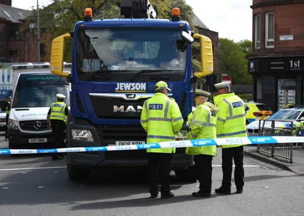 The lorry involved in a fatal collision with a cyclist in Glasgow. Picture: John Devlin