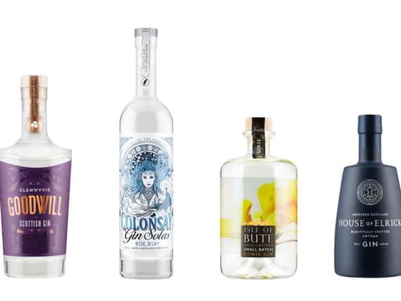 Lidl's Scottish Gin Festival will include the four pictured spirits plus a G&T can from LoneWolf as debutantes. Picture: Contributed