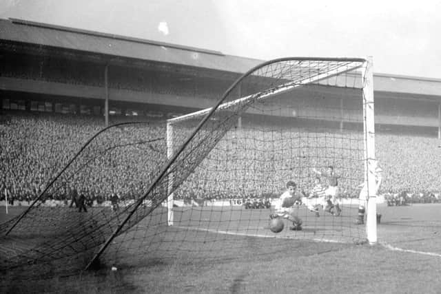 Ian Crawford scores his, and Hearts', second goal in the 3-1 win over Celtic in 1956. Picture: TSPL