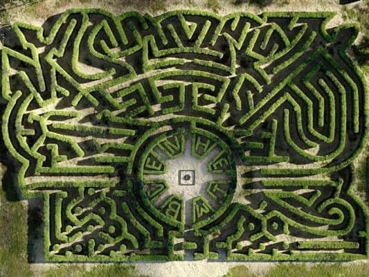 Made up of more than 3,000 yew trees and covering almost two acres, this complex maze reveals a cannon firing a ball, banners and trumpets, inspired by Grinling Gibbon's Panoply of Victory carvings on the roof of the main building.