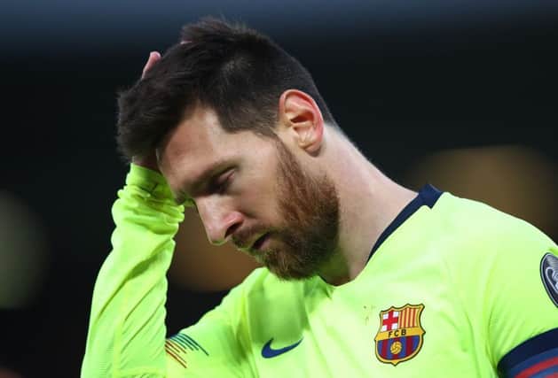 Lionel Messi cuts a dejected figure during Barcelonas Champions League semi-final defeat by Liverpool. Picture: Clive Brunskill/Getty