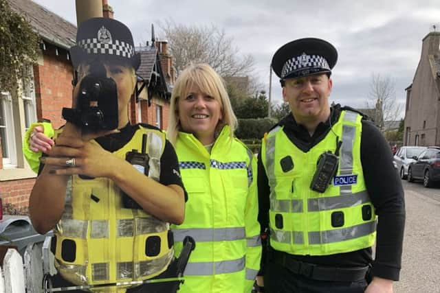 Pop-Up Kirsty with Edinburgh Councillor Susan Webber and Inspector Kieran Dougal in Juniper Green