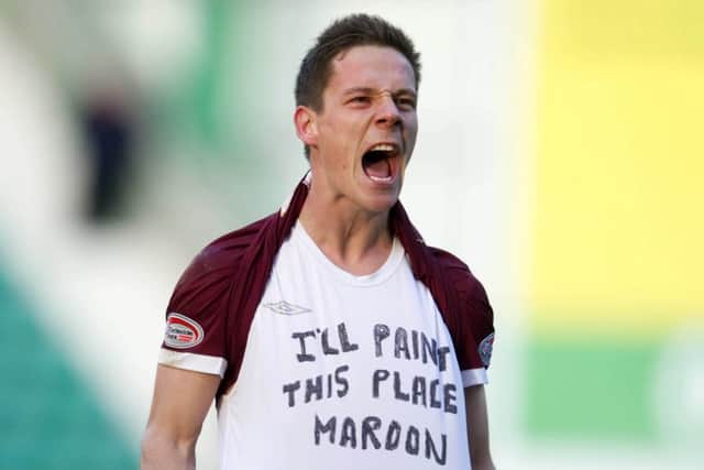 Ian Black revelled in derby matches against Hibs, famously displaying this maroon message after a 3-1 win at Easter Road in 2012. Picture: SNS