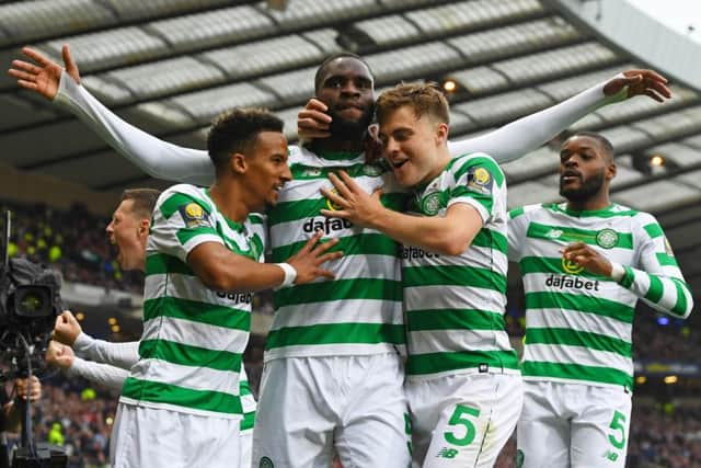 Celtic's Odsonne Edouard celebrates his second goal with Scott Sinclair and James Forrest. Pic: SNS/Craig Williamson