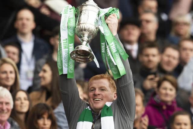 Celtic Manager Neil Lennon lifts the Scottish Cup. Pic: SNS/Craig Foy