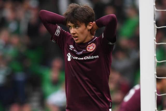 Hearts' Aaron Hickey shows his frustration as Celtic equalise. Pic: SNS/Craig WIlliamson