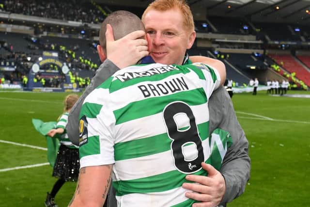 Celtic manager Neil Lennon and Scott Brown celebrate winning the William Hill Scottish Cup . Pic: SNS/Alan Harvey