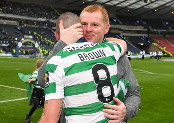 Celtic manager Neil Lennon and Scott Brown celebrate winning the William Hill Scottish Cup . Pic: SNS/Alan Harvey