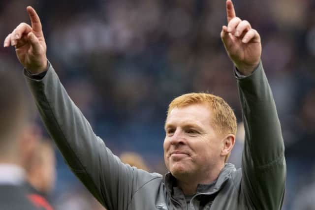 Celtic manager Neil Lennon celebrates at full time. Pic: SNS/Alan Harvey