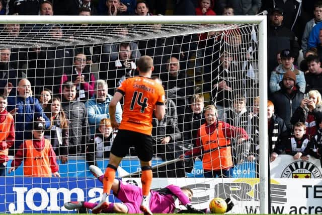 Pavol Safranko sees his penalty saved by St Mirren goalkeeper Vaclav Hladky.