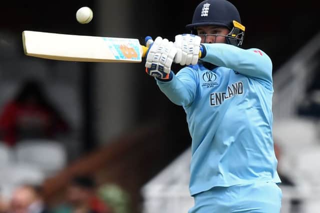 Jason Roy smashes a boundary during his innings of 89 not out against Afghanistan at the Oval. Picture: Dibyangshu Sarkar/AFP/Getty