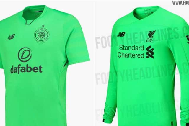 Celtic's 2017/18 third kit (left) and Liverpool's 2019/20 goalkeeper away kit
