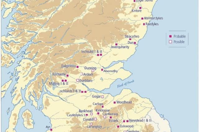 Map which shows pattern of Roman camps across Scotland, which was known as Caledonia at the time of the invasion. PIC: GUARD Archaeology.
