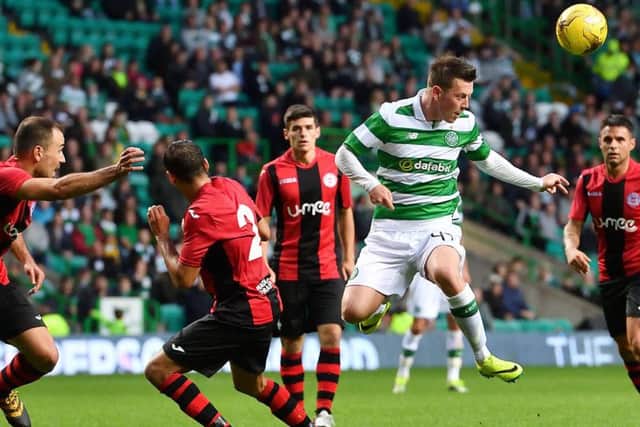 Callum McGregor causes problems for the Lincoln Red Imps defence during a Champions League qualifier in July 2016