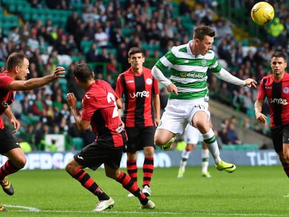 Callum McGregor causes problems for the Lincoln Red Imps defence during a Champions League qualifier in July 2016