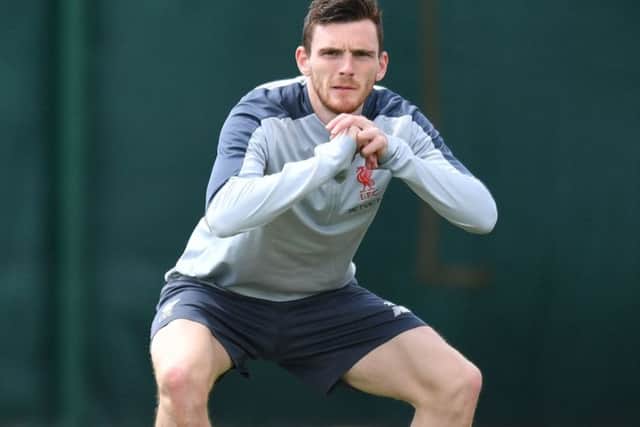 Liverpool left-back and Scotland captain Andy Robertson stretches before a training session ahead of the Champions League final against Tottenham. Picture: Anthony Devlin/AFP/Getty