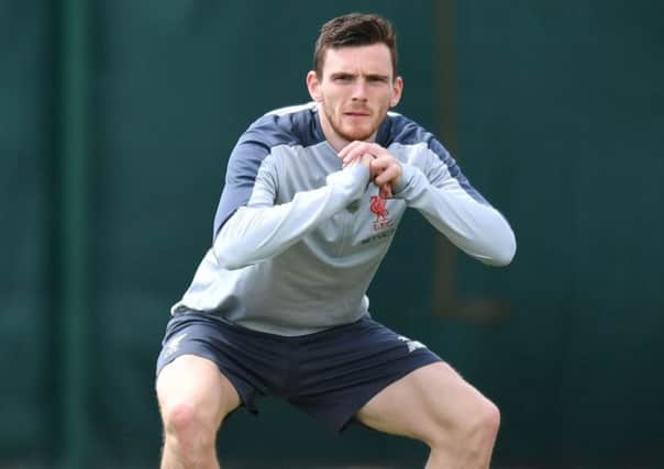 Liverpool left-back and Scotland captain Andy Robertson stretches before a training session ahead of the Champions League final against Tottenham. Picture: Anthony Devlin/AFP/Getty