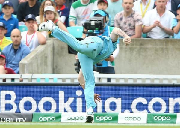 Ben Stokes makes an acrobatic one-handed catch to dismiss South African batsman Andile Phehlukwayo. Picture: PA.