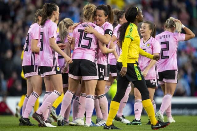Scotland's Sophie Howard (C) celebrates her goal against Jamaica. Picture: SNS Group