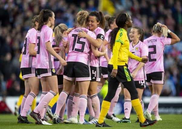 Scotland's Sophie Howard (C) celebrates her goal against Jamaica. Picture: SNS Group
