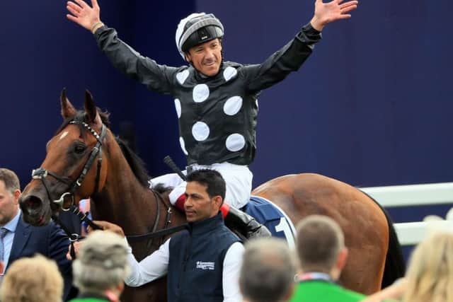 Frankie Dettori celebrates his Oaks victory aboard Anapurna. Picture: Andrew Redington/Getty