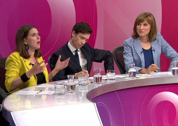 Jo Swinson responds to the audience on Question Time with Rory Stewart and 
Fiona Bruce